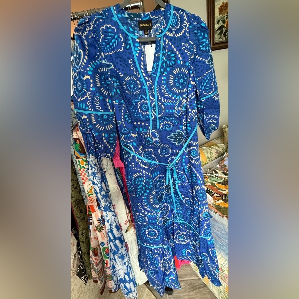 Kenner Floral Melia Shirt Midi Dress Blue Cream Multi - Picture 9 of 10